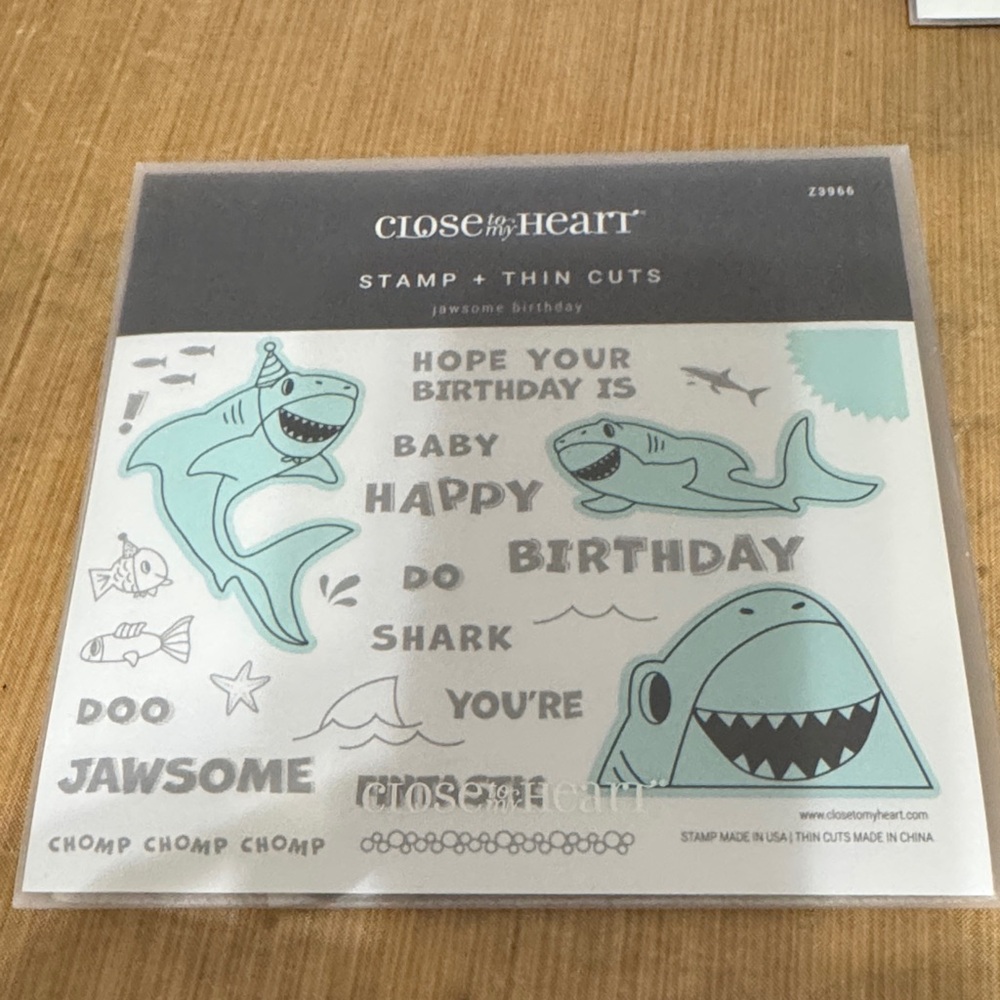 Close To My Heart Jawsome Birthday Stamp + Thin Cuts - Teal & Gray